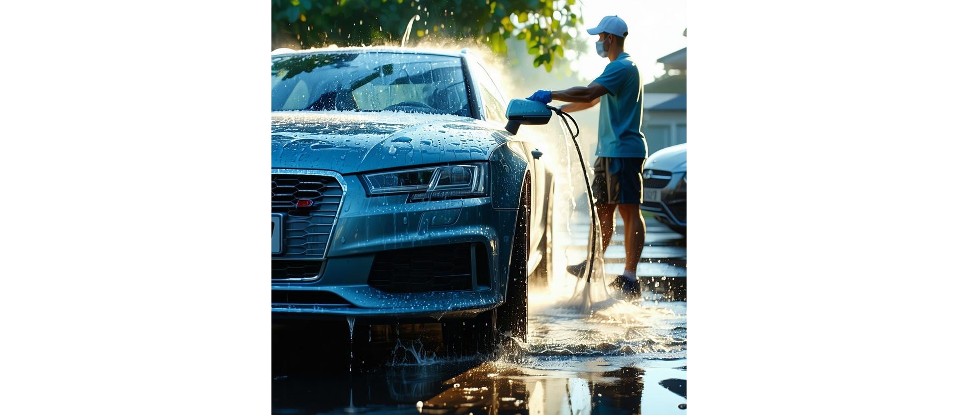 Sparkling car being washed by a staff member in sun, water droplets shimmering